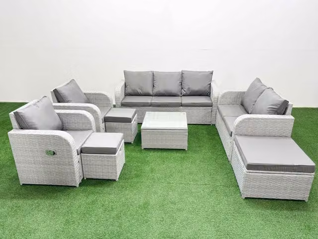 Fimous PE Rattan Garden Furniture Set in Light Grey with 2 Seater Sofa, Adjustable Chairs, Square Coffee Table and 3 Stools
