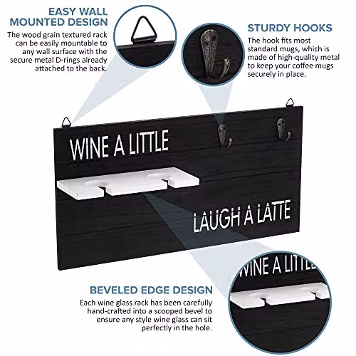 Wicked Gizmos Wall Mounted Wooden Coffee Mug and Wine Glass Holder in Black – 6