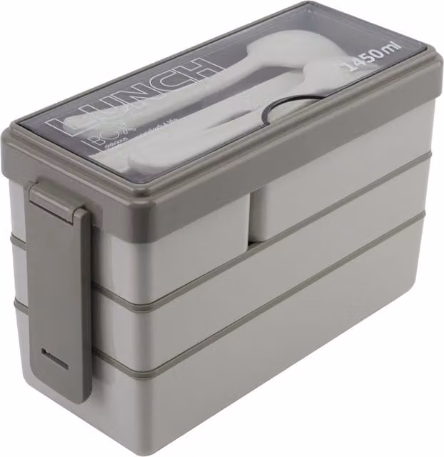 Livingandhome 3-Layer Plastic Bento-Style Lunch Box with Cutlery and Compartments, Beige/Brown, Microwave Safe
