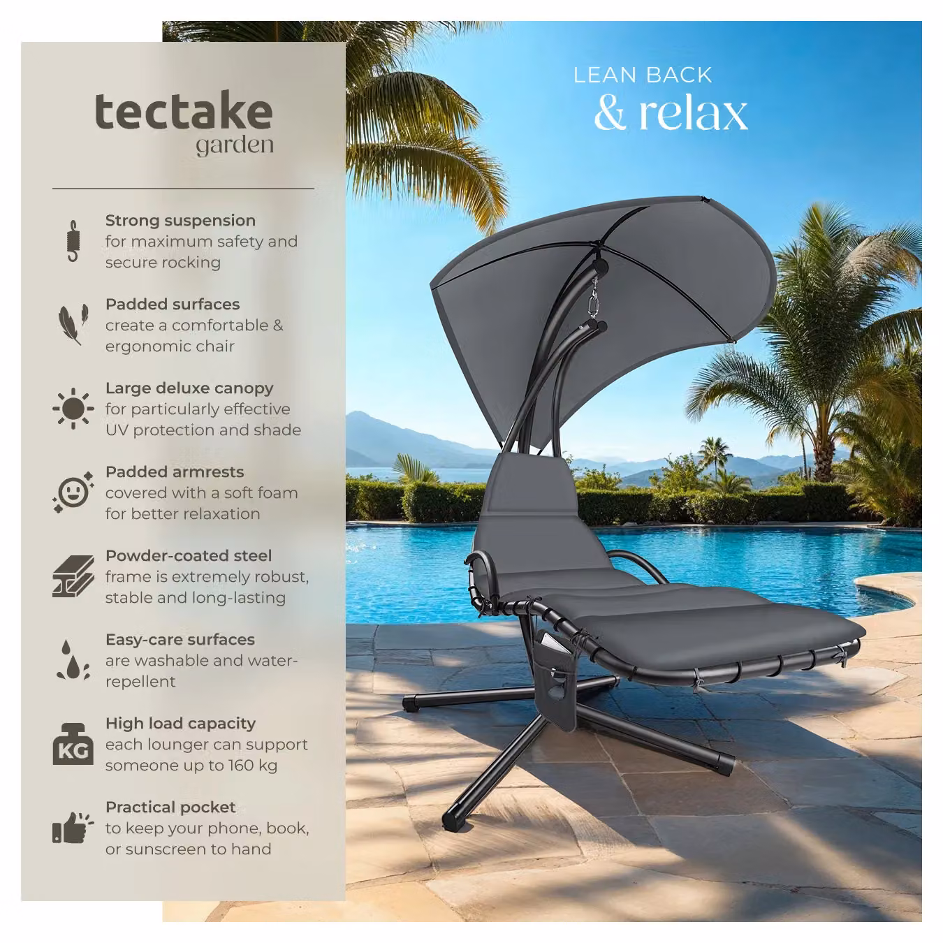 tectake Elaria Hanging Chair with UV-Protection Sun Canopy in Grey – 2