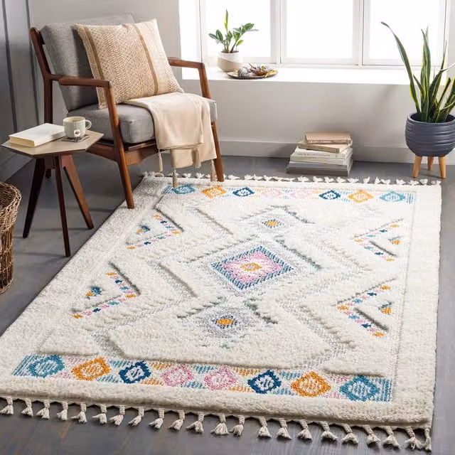 Livabliss Lofty-Shaggy Vintage Boho Plush Soft Pile Rug in Ivory, Orange and Blue, W: 80 cm, L: 220 cm – 1