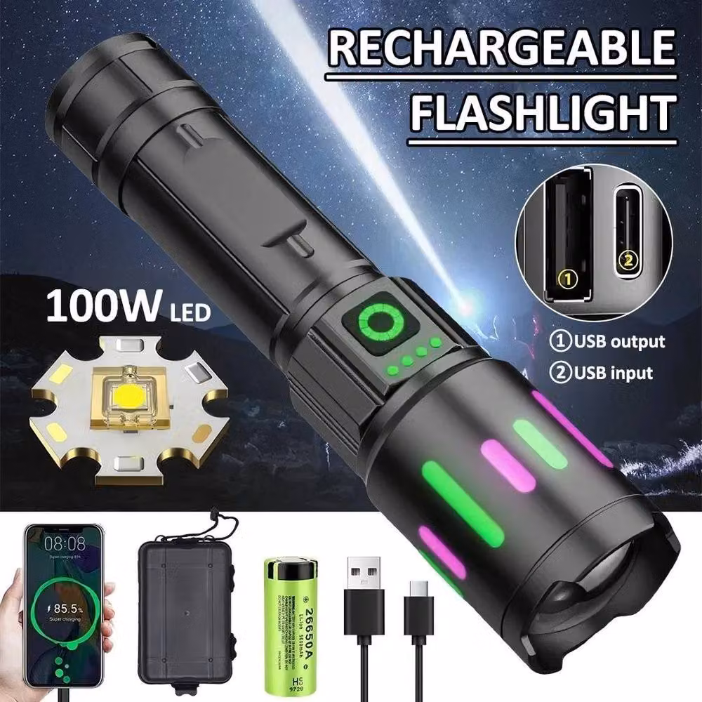 FLAVORA 100W LED Rechargeable Flashlight Spotlight in Black – 4