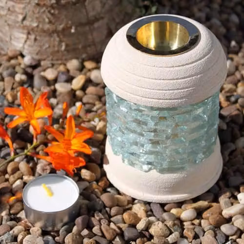 KDMD Round Glass and Stone Tabletop Oil Burner and Tealight Lamp in White and Sand – 2
