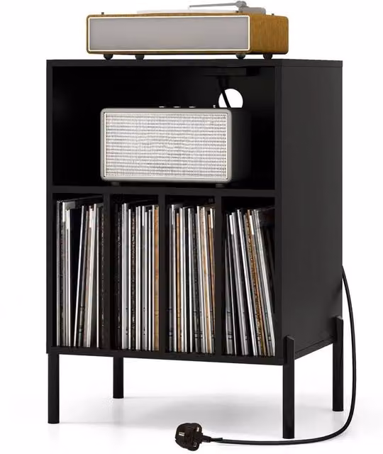 Kelvenix Modern Black Vinyl Record Player and Turntable Stand with Media Compartments