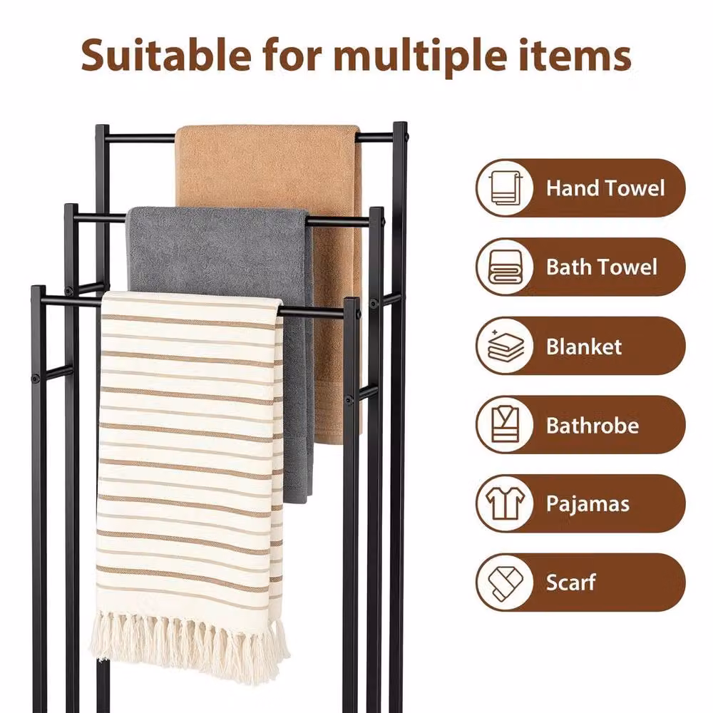 Kelvenix Black Matt Metal Freestanding Towel Holder and Bathroom Storage Rack – 3