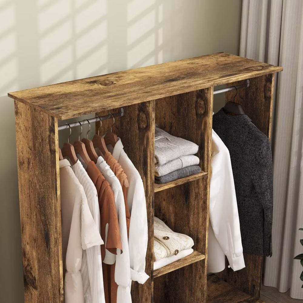 STILVORA Open Wardrobe with Shelves and Wheels in Rustic Brown – 6