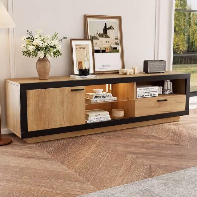 ModernLuxe Modern TV Cabinet with LED Light, 1 Drawer and 1 Door in Natural, W: 160 cm, D: 40 cm, H: 50 cm – 1