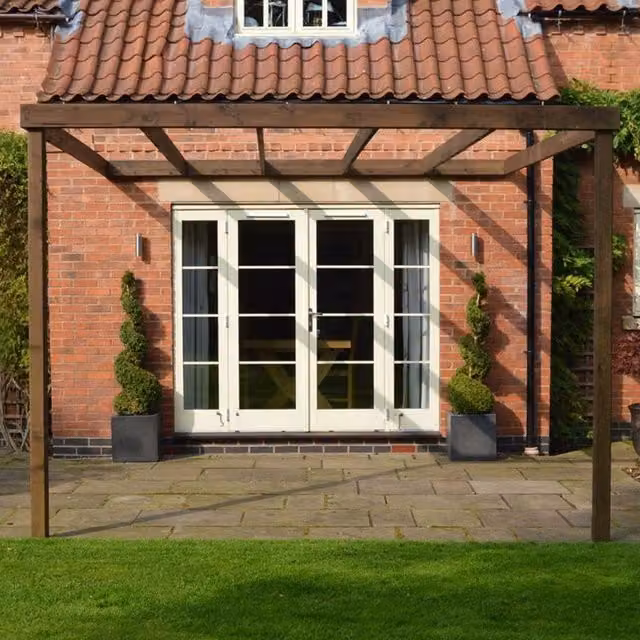 Rutland County Garden Furniture Ltd Wall Mounted Lean-to Pent Pergola in Rustic Brown, W: 420 cm, D: 420 cm, H: 270 cm