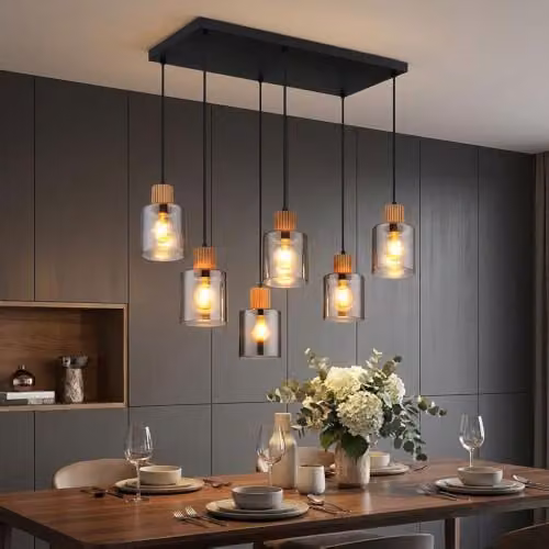 Netlighting Aleidis Rectangular Pendant Lamp with Smoked Glass and Wood, 6-Bulb, W/D/H: 67 x 33 x 120 cm – 2