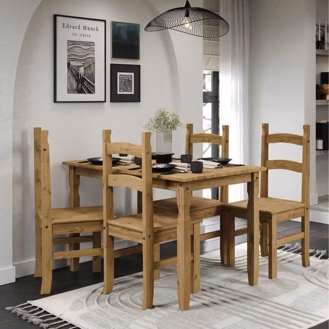 Core Corona Waxed Pine Rectangular Dining Set with Four Chairs in Brown and Grey