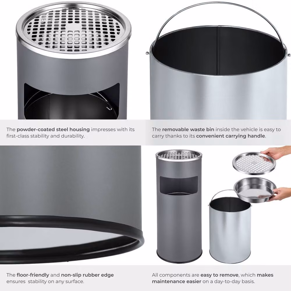 tectake Freestanding Metal Floor-Standing Ashtray in Grey with Removable Inner Bucket, H: 61.0 cm, W: 25.0 cm, D: 2.0 cm – 5
