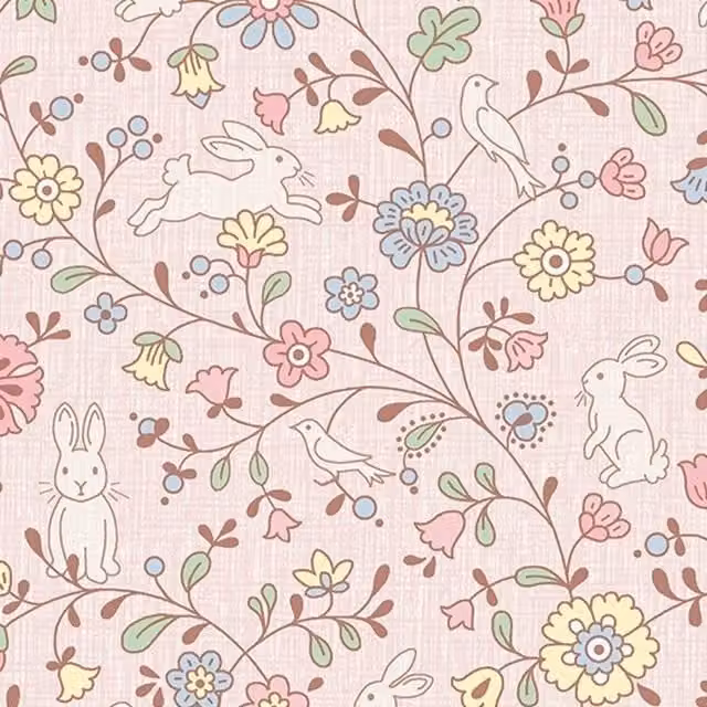 Grandeco Liberty Floral Bunny Trail Nursery Textured Wallpaper in Pink, Green, Purple and Beige