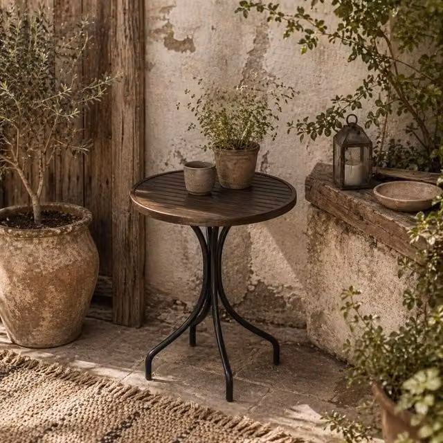 Wyld Haus Round Bistro Table in Brown Wood Grain Galvanised Steel, Height: 71.5 cm, Diameter: 66 cm – 1
