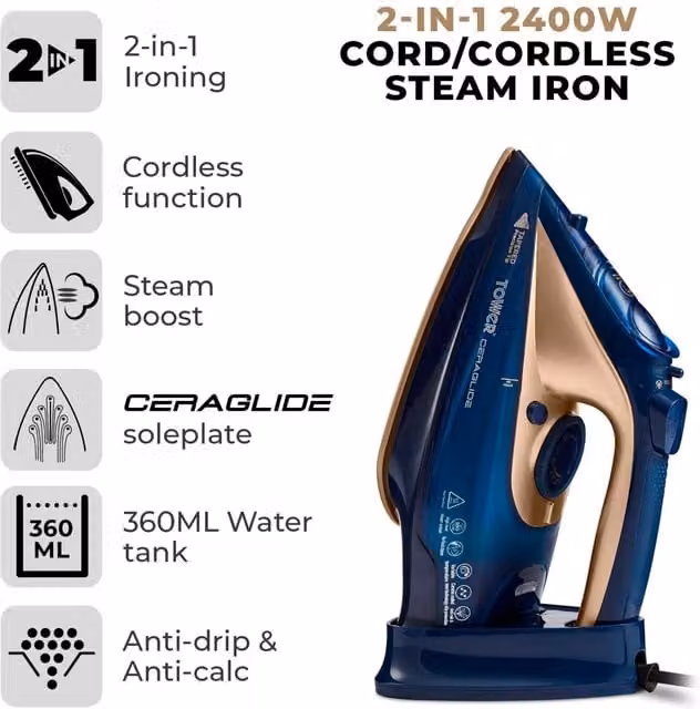 Tower CeraGlide 2400W Cordless Steam Iron with Ceramic Soleplate and Anti-Calc Function, Blue