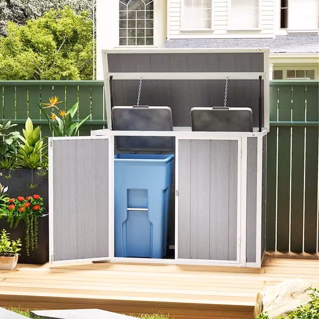 Outsunny Lockable Grey Plastic Pent Bin Store for Two Trash Cans