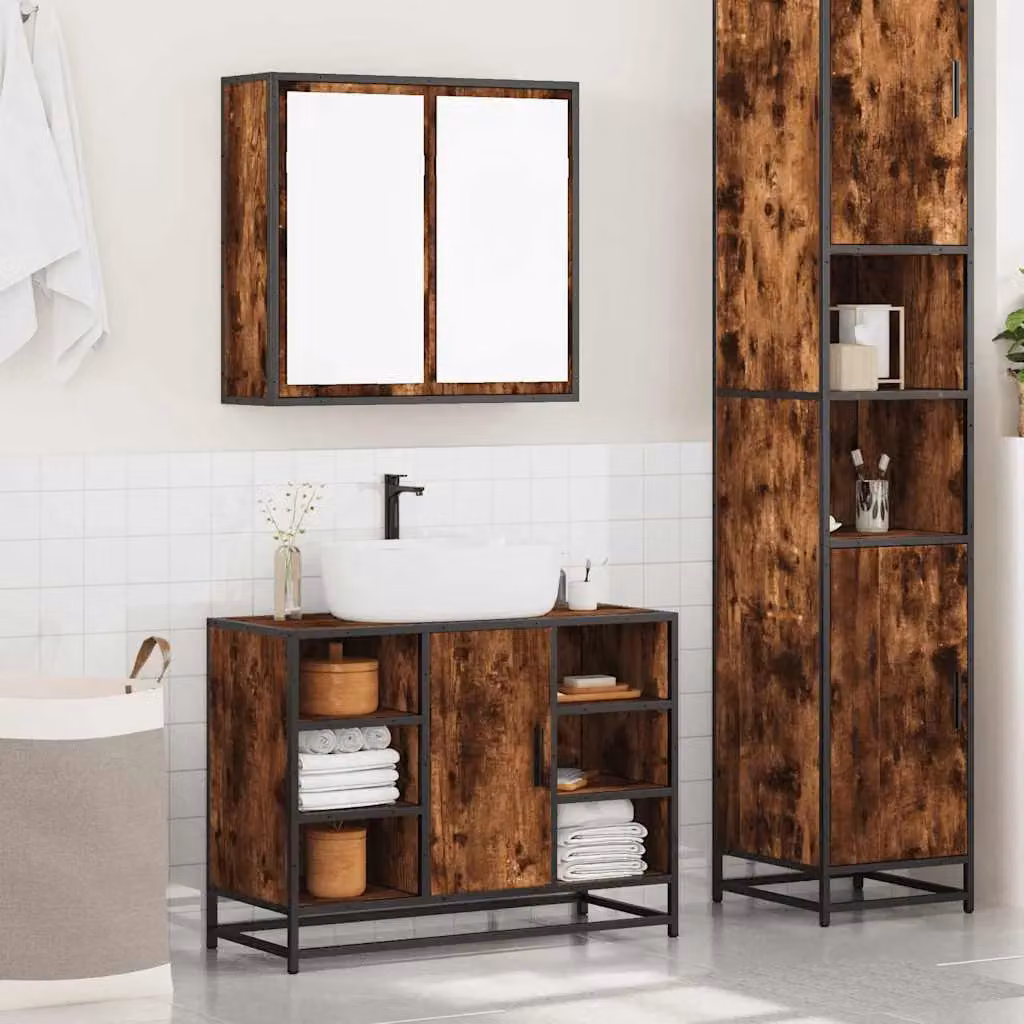 Berkfield Home 2 Piece Industrial Bathroom Furniture Set in Smoked Oak Brown featuring a Vanity Unit and Mirror Cabinet – 3