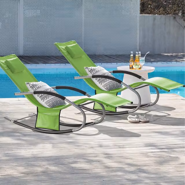 SoBuy Set of 2 Green Outdoor Garden Rocking Sun Lounger Recliners with Adjustable Headrests and Armrests