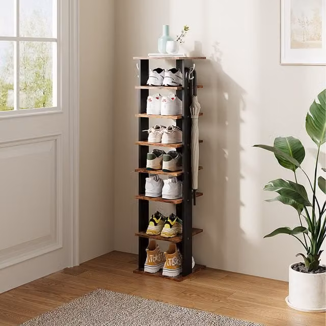 Livingandhome 8-Tier Vertical Shoe Rack with Side Hooks in Brown, Width: 28 cm