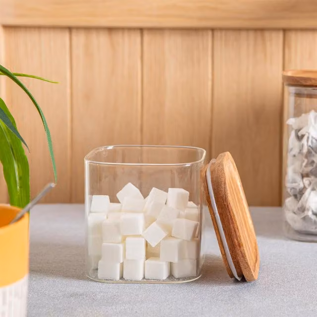 Argon Tableware Square Glass Storage Jar with Wooden Lid, Clear and White, 0.68 l, Pack of 6