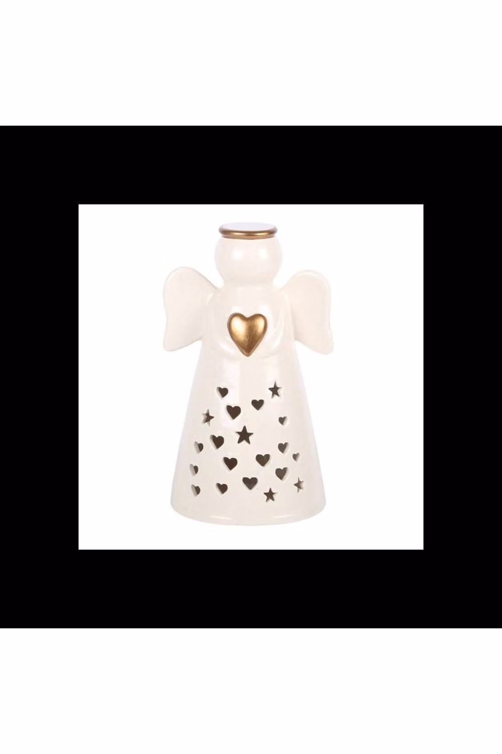 KDMD Large White and Gold Ceramic LED Light Up Angel Decoration with Heart, Height: 25 cm – 2