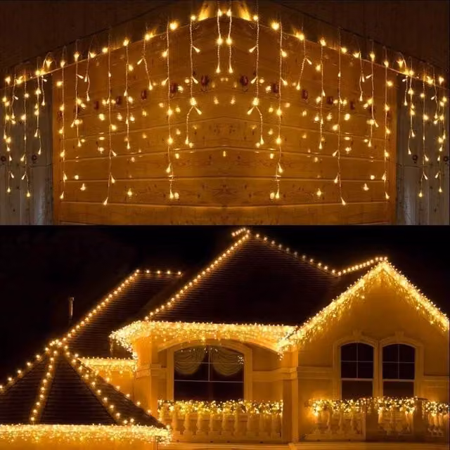 Shatchi 240 Warm White LED Icicle Christmas Lights with 8 Modes and Auto Timer in Yellow – 1