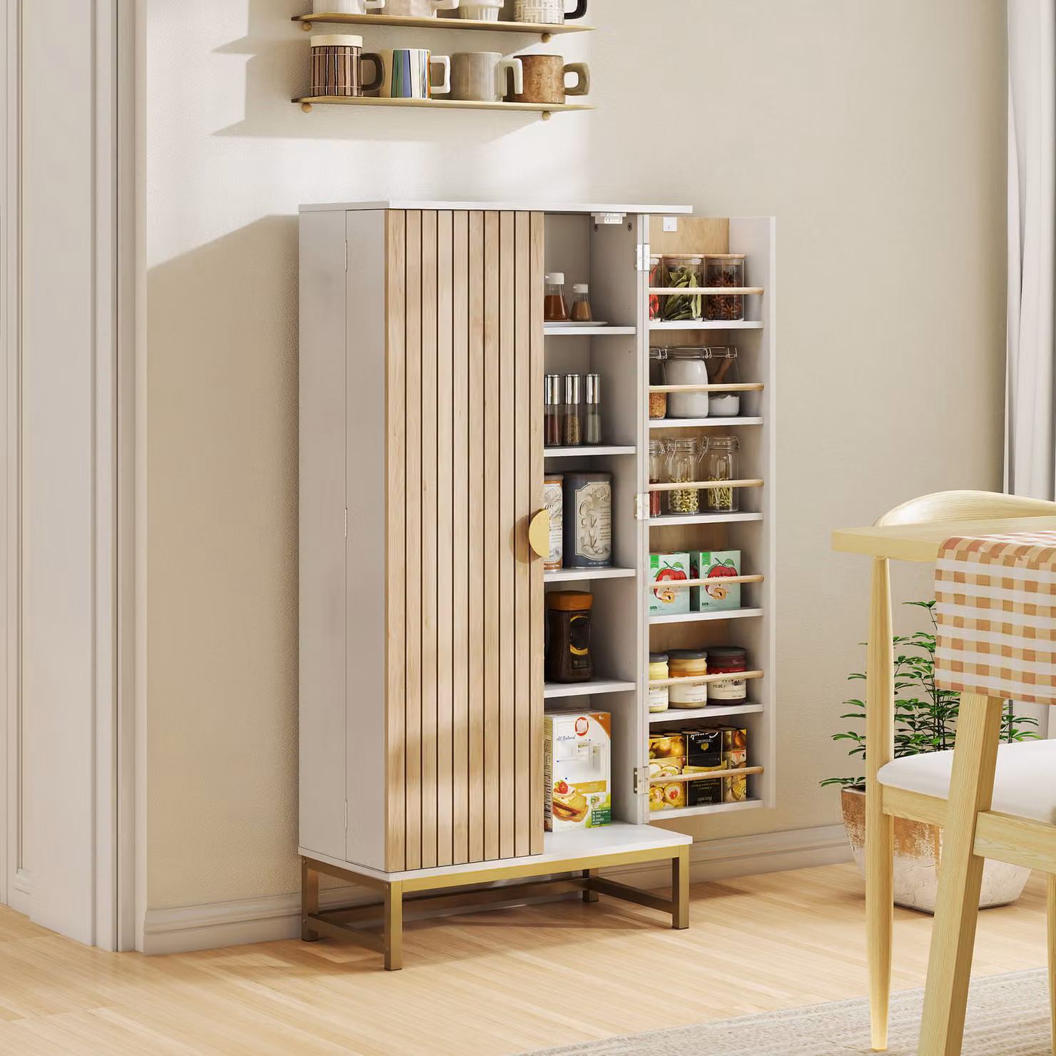 HOMCOM White and Gold Freestanding Kitchen Cupboard Tall Unit with Hinged Double Doors and Internal Shelves, Height: 119.5 cm