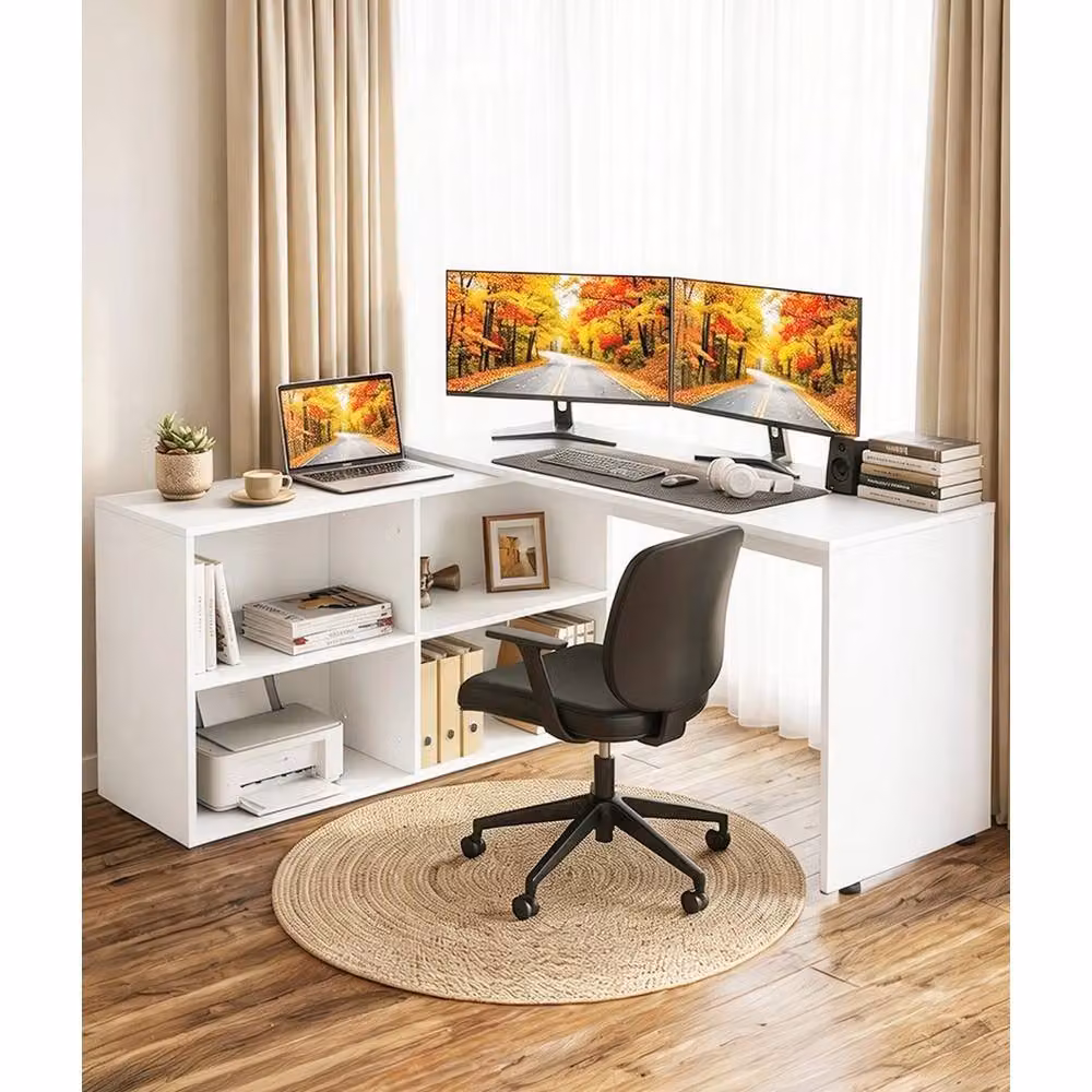 FORGEVIO Corner Computer Desk with Storage Shelf, White, W/D/H: 130 x 60 x 75 cm – 2