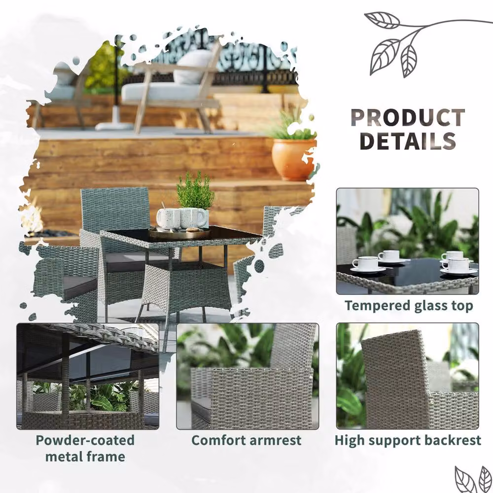 STILVORA 5-Piece Modern Garden Dining Set with Square Tempered Glass Table and Chairs in Grey – 5