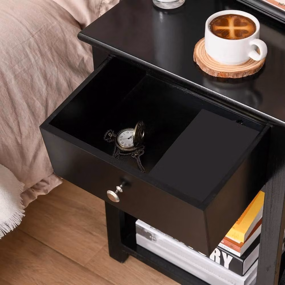 VOGREX Black Wood Side End Table with Drawer Storage Nightstand – 3