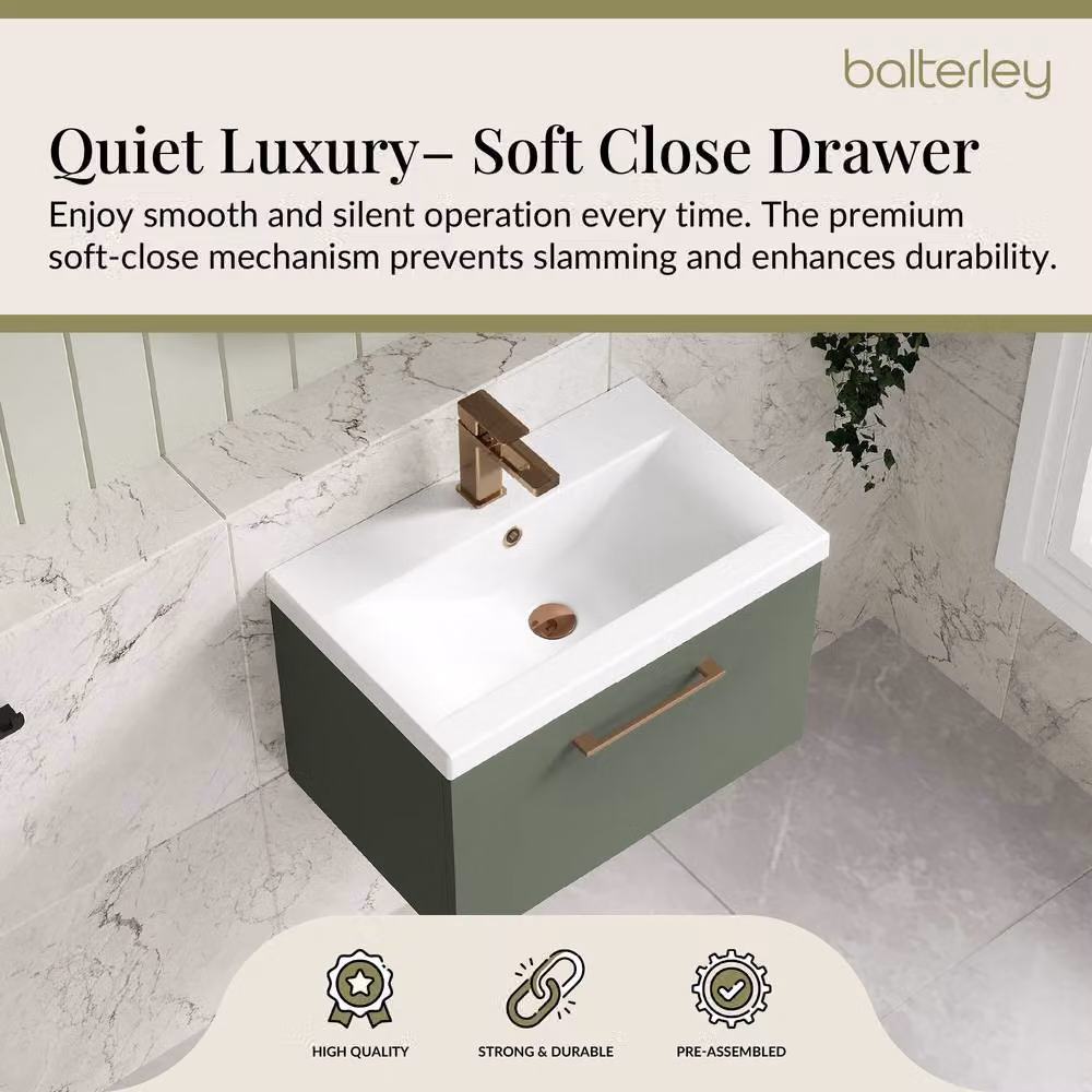 Balterley Satin Green Wall Hung 1 Drawer Vanity Basin Unit with Bronze Handle, W: 60 cm, D: 60 cm, H: 60 cm – 3