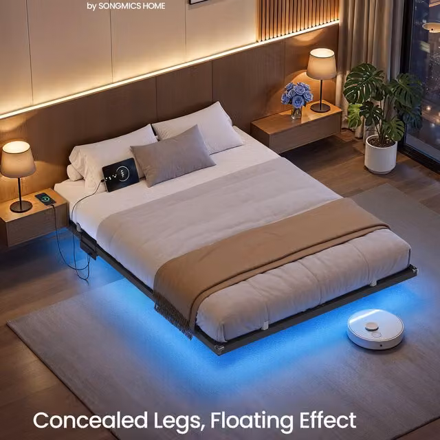 VASAGLE Double Floating Bed Frame with LED Lighting and USB Charging Ports, Ink Black, W/D/H: 140 x 200 x 135 cm