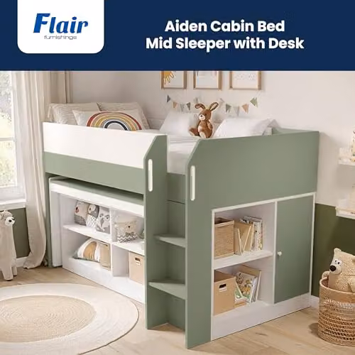 Flair Furnishings Kids Mid Sleeper Cabin Bed with Stairs and Storage in White and Green – 3