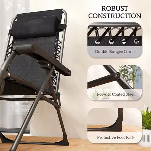 Outsunny Set of 2 Black Zero Gravity Garden Chairs with Adjustable Headrest, Side Tray and Cup Holders – 9