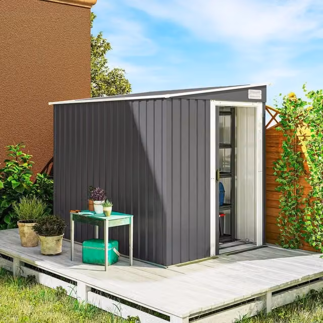 OUTSUNNY Dark Grey Metal Lean-to Garden Tool Shed with Foundation, W/D/H: 213.36 x 152.4 x 181 cm – 1