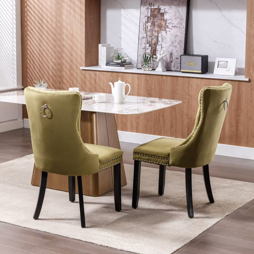 HomeTouch Romsey Set of 6 Green Velvet Upholstered Dining Chairs with Oak Legs and Knocker Ring Back – 4