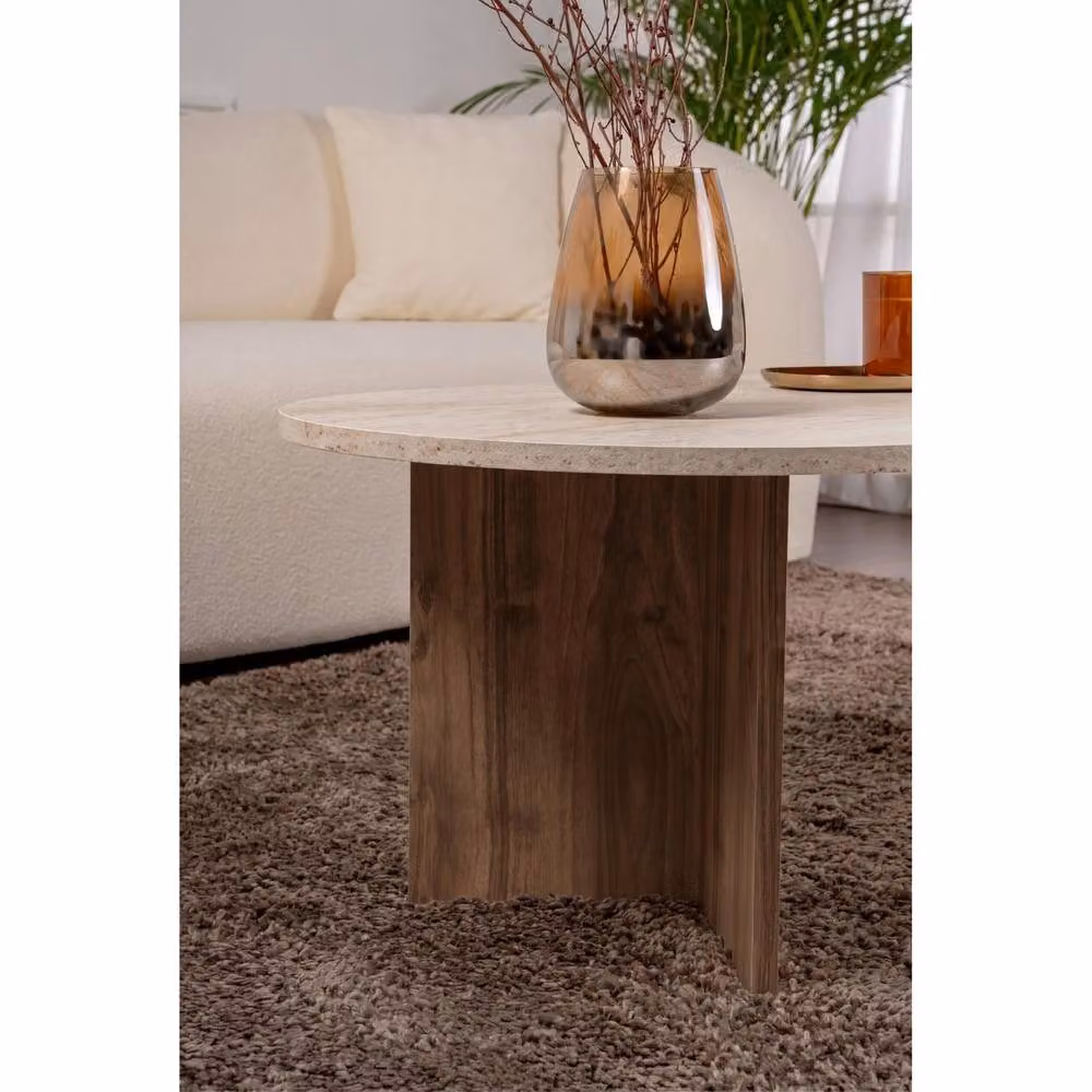 Decortie Sable Oval Coffee Table in Scandi-Japandi Style, Walnut Effect and Travertine Stone, W/D/H: 119 x 60 x 42 cm – 4
