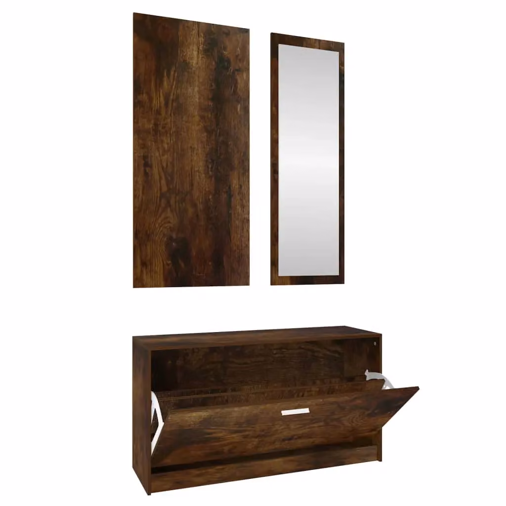Berkfield Home 3-in-1 Shoe Cabinet Set with Mirror and Wall Rack in Smoked Oak Brown – 2