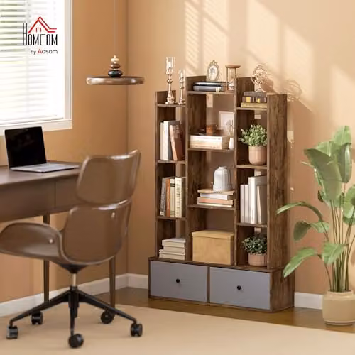 HOMCOM Modern Geometric Tree Bookshelf in Brown with 12 Media Compartments and 2 Drawers, H: 124 cm, W: 80 cm, D: 24 cm – 2
