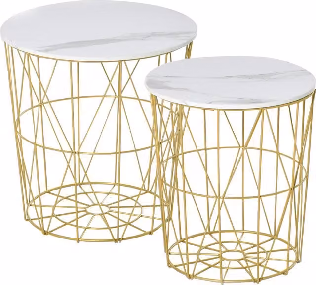 HOMCOM Set of 2 Round Nesting Side Tables with Storage and Steel Frame in White and Gold – 1