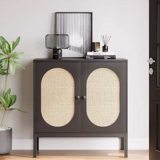VOGREX Black Rattan Sideboard Storage Cabinet Freestanding Boho Kitchen Cupboard