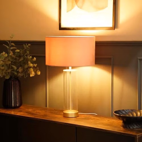 ValueLights Balan Glass and Gold Metal Table Lamp with Dusty Pink Velvet Shade and LED Bulb – 2
