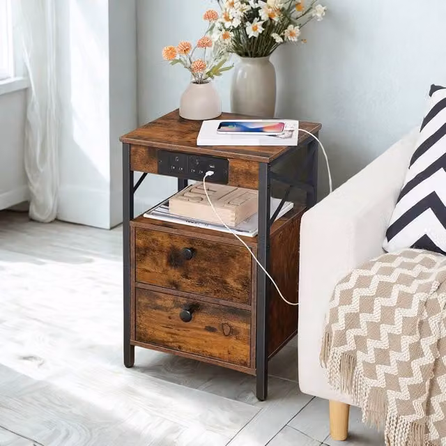 FURNOS Smart Bedside End Table with 2 Drawers and USB Ports in Brown