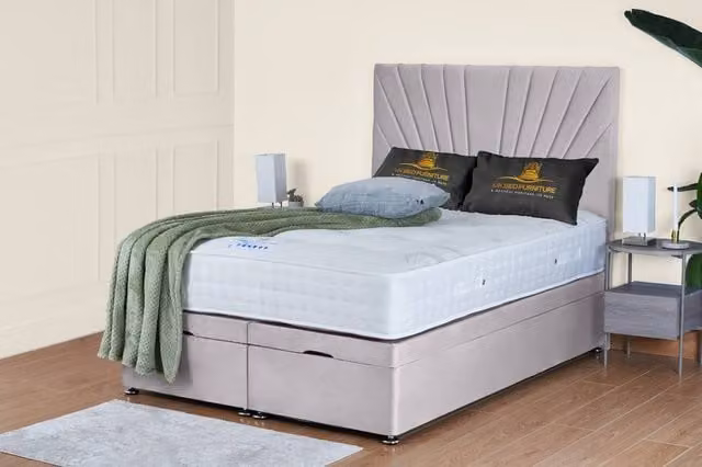 UK Bed Furniture Sunrise End Lift Divan Ottoman Bed with 54 Inch Headboard in Silver, Double, W/D/H: 140 x 200 cm