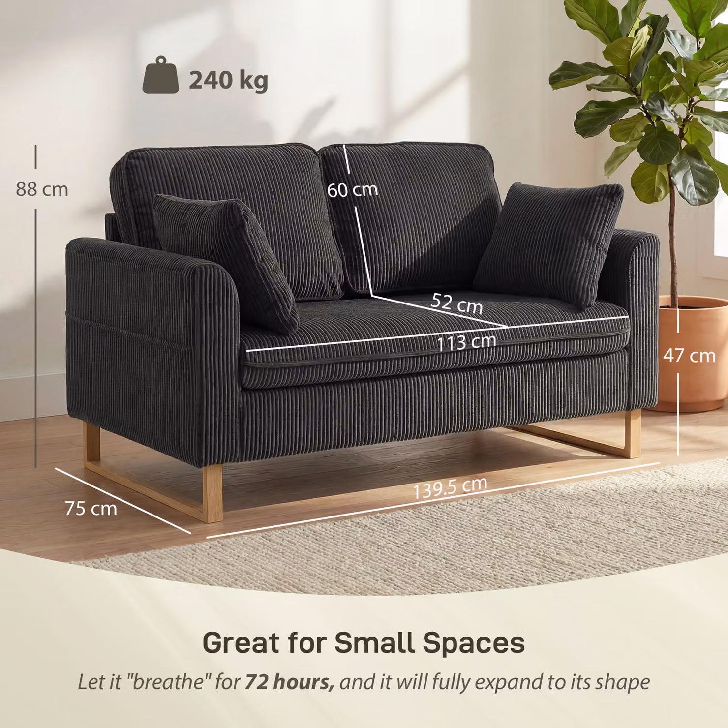 HOMCOM 2 Seater Upholstered Loveseat Sofa in Grey with Spring Core Cushions and Scatter Pillows, Width: 140 cm – 3