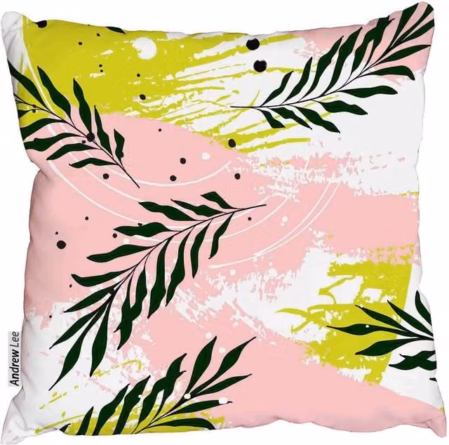 Benjamin Tate Design LTD Square Floral Cushion with Palm Leaves in Pink and Green, W/D/H: 60 x 60 x 1 cm