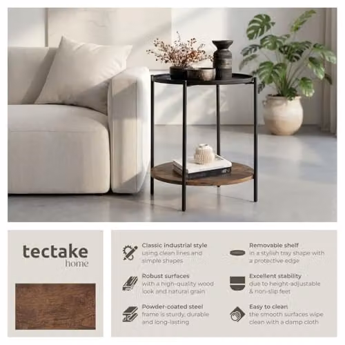 tectake Round Side Table with 2 Shelves and Metal Frame in Black and Brown, Ø 45.5 x H 54.5 cm – 4
