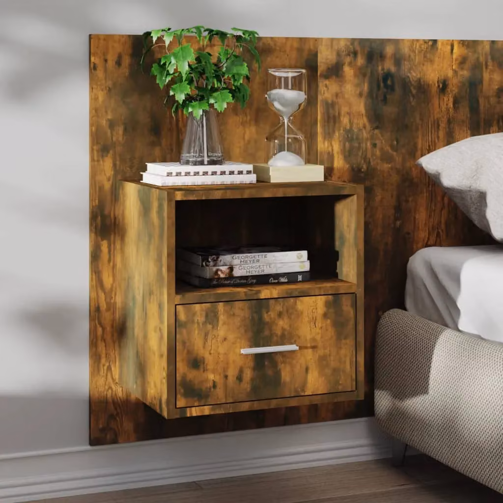Berkfield Home Set of 2 Wall-mounted Bedside Cabinets in Smoked Oak, Brown – 3