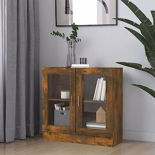 vidaXL Vitrine Cabinet in Smoked Oak with Glass Doors, W/D/H: 82.5 x 30.5 x 80 cm – 2