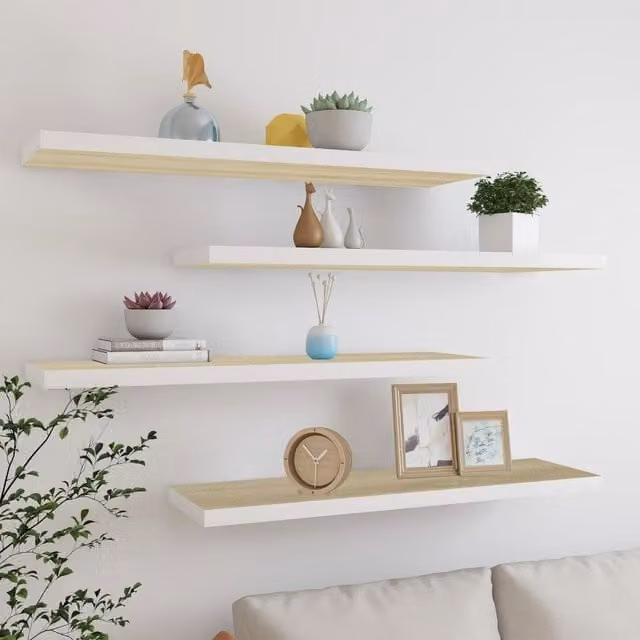 Berkfield Home Floating Wall Shelves, 4 Piece Oak and White MDF Set, W/D/H: 90 x 23.5 x 3.8 cm, Brown – 1