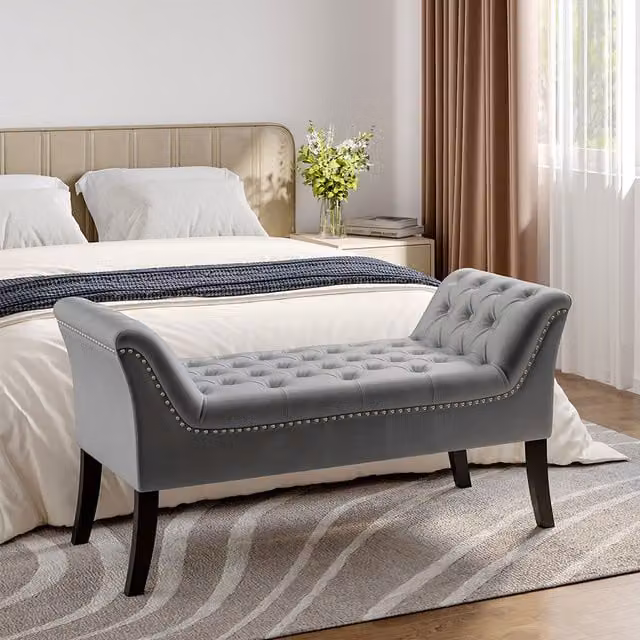 Livingandhome Grey Velvet Buttoned Bench with Wooden Legs